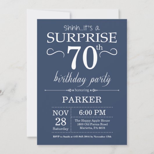 Surprise 70th Birthday Invitation Blue Kaart (Voorkant)