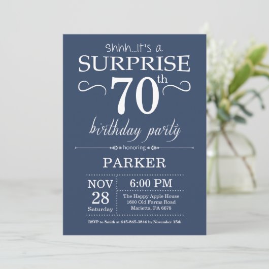 Surprise 70th Birthday Invitation Blue Kaart (Staand voorkant)