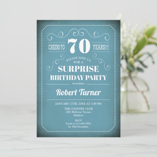 Surprise 70th Birthday Invitation - Blue White Kaart (Staand voorkant)