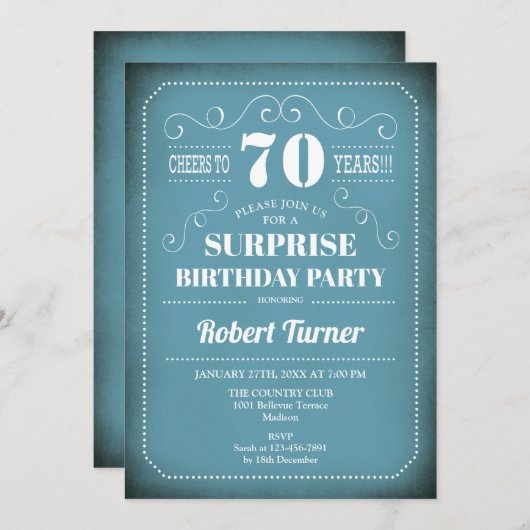Surprise 70th Birthday Invitation - Blue White Kaart (Voorkant / Achterkant)