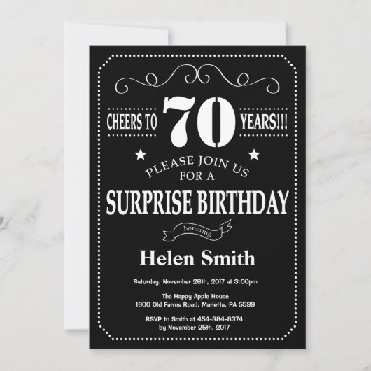 Surprise 70th Birthday Invitation Chalkboard Kaart (Voorkant)