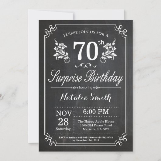 Surprise 70th Birthday Invitation Chalkboard Kaart (Voorkant)
