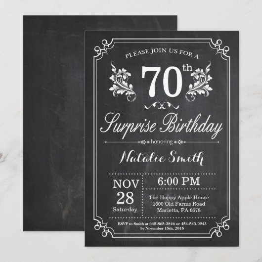 Surprise 70th Birthday Invitation Chalkboard Kaart (Voorkant / Achterkant)