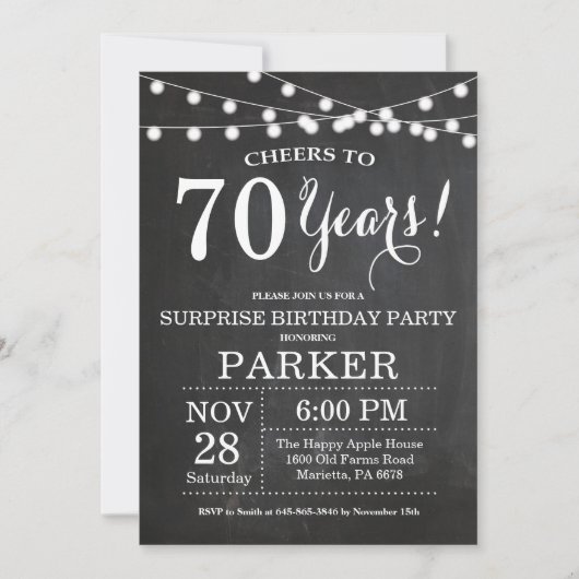 Surprise 70th Birthday Invitation Chalkboard Kaart (Voorkant)