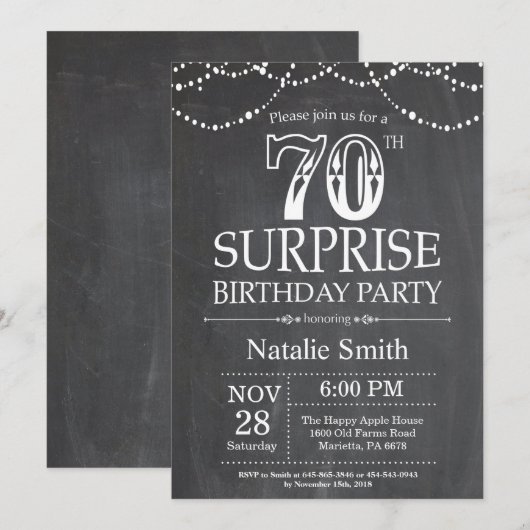 Surprise 70th Birthday Invitation Chalkboard Kaart (Voorkant / Achterkant)