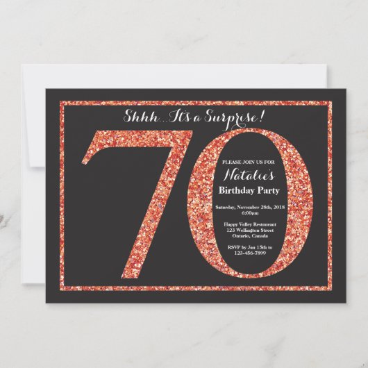 Surprise 70th Birthday Invitation Oranje Glitter Kaart (Voorkant)