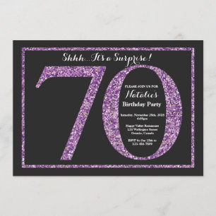 Surprise 70th Birthday Invitation Paars Glitter Kaart