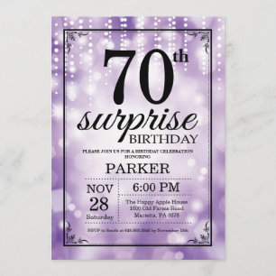 Surprise 70th Birthday Invitation Paars Glitter Kaart