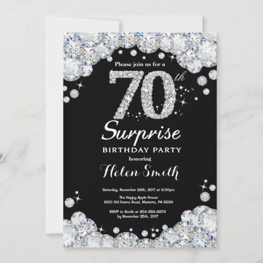 Surprise 70th Birthday Invitation Silver Diamond Kaart (Voorkant)