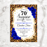 Surprise 70th Birthday - Leopard Gold Royal Blue Kaart<br><div class="desc">Verrassend 70e uitnodiging op de verjaardag. Feminine royal blue,  wit design met faux glitter Gold. Kenmerken van het dierenluipspatroon,  saffierblauw roos,  scriptlettertype en confetti. Ideaal voor een elegant verjaardagsfeestje. Kan op elke leeftijd aan het show worden aangepast. Bericht me als u verdere aanpassing nodig hebt.</div>