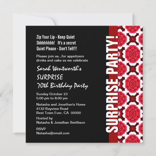 SURPRISE 70th Birthday Modern Red Black Flowers Kaart (Voorkant)