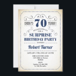 Surprise 70th Birthday - Navy Blue White Black Kaart<br><div class="desc">Verrassend 70e verjaardag uitnodiging voor mannen of vrouwen. Elegant nodigt een kaart uit in de marine en roomwit. Functies retro typografie scriptlettertype. Cheers tot 70 jaar! Kan op elke leeftijd worden aangepast. Ideaal voor een mijlpaal op de dag van de volwassen dag.</div>