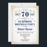 Surprise 70th Birthday - Navy Blue White Black Kaart<br><div class="desc">Verrassend 70e verjaardag uitnodiging voor mannen of vrouwen. Elegant nodigt een kaart uit in de marine en roomwit. Functies retro typografie scriptlettertype. Cheers tot 70 jaar! Kan op elke leeftijd worden aangepast. Ideaal voor een mijlpaal op de dag van de volwassen dag.</div>