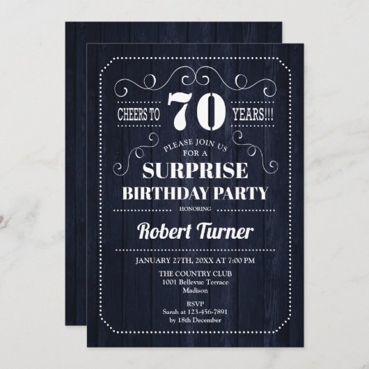 Surprise 70th Birthday - Navy Wood Pattern Kaart (Voorkant / Achterkant)