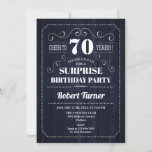 Surprise 70th Birthday - Navy Wood Pattern Kaart<br><div class="desc">Verrassend 70e verjaardag uitnodiging voor mannen of vrouwen. Elegant nodigt kaart uit in marine en wit met houtpatroon en retro typografische manuscriptdoopvont. Cheers tot 70 jaar! Kan op elke leeftijd worden aangepast. Ideaal voor een mijlpaal op de dag van de volwassen dag.</div>