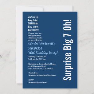 SURPRISE 70th Birthday Party Modern Blue and White Kaart