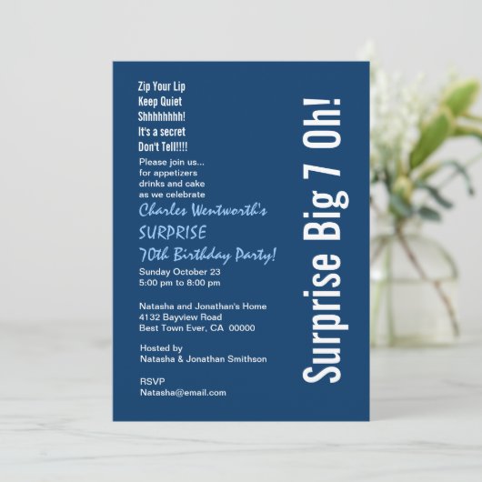 SURPRISE 70th Birthday Party Modern Blue and White Kaart (Staand voorkant)