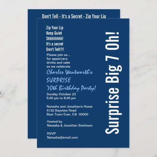 SURPRISE 70th Birthday Party Modern Blue and White Kaart (Voorkant / Achterkant)