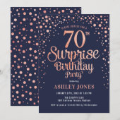 Surprise 70th Birthday Party - Navy & Roos Gold Kaart (Voorkant / Achterkant)