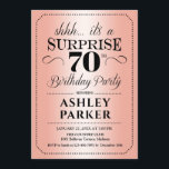 Surprise 70th Birthday Party - Roos Gold Kaart<br><div class="desc">Verrassing 70e verjaardag feestuitnodiging. Eenvoudig stijlvol design in roos goud en zwart. Met faux gouden folie en elegant script lettertype. Verrassingsfeest voor man of vrouw. Kan in om het even welke leeftijd worden aangepast!</div>