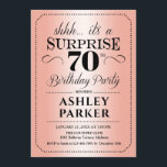 Surprise 70th Birthday Party - Roos Gold Kaart<br><div class="desc">Verrassing 70e verjaardag feestuitnodiging. Eenvoudig stijlvol design in roos goud en zwart. Met faux gouden folie en elegant script lettertype. Verrassingsfeest voor man of vrouw. Kan in om het even welke leeftijd worden aangepast!</div>