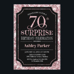 Surprise 70th Birthday Party - Roos Goud Zwart Kaart<br><div class="desc">Verrassing 70e verjaardag viering uitnodiging. Elegant stijlvol ontwerp in zwart en faux glitter roos gouden motief. Beschikt over een elegant scriptlettertype. Stuur me een bericht als je verder moet worden aangepast.</div>