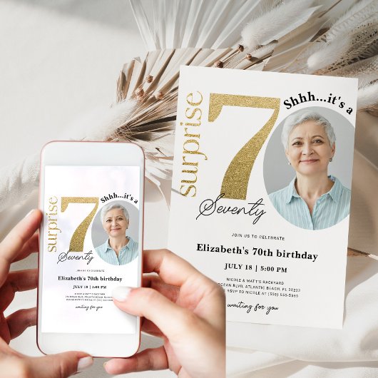 Surprise 70th Gold Birthday Invitation met foto Kaart