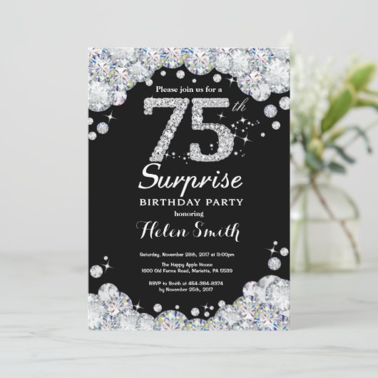 Surprise 75th Birthday Invitation Silver Diamond Kaart (Staand voorkant)