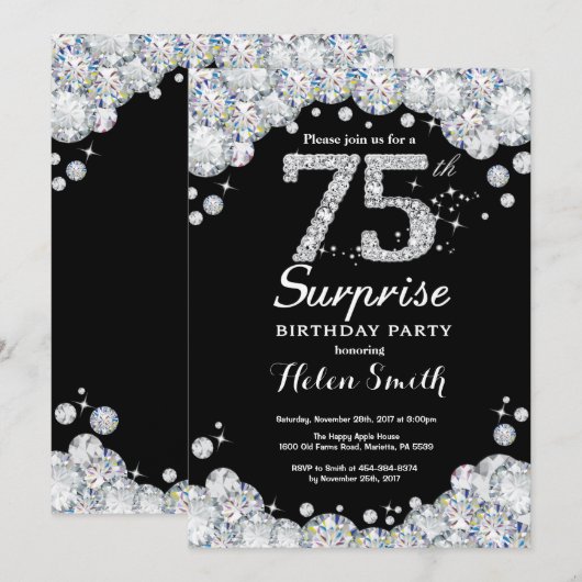 Surprise 75th Birthday Invitation Silver Diamond Kaart (Voorkant / Achterkant)