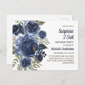Surprise 75th Birthday Navy Blue Waterverf Floral Briefkaart (Voorkant / Achterkant)