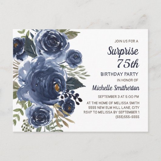 Surprise 75th Birthday Navy Blue Waterverf Floral Briefkaart (Voorkant)