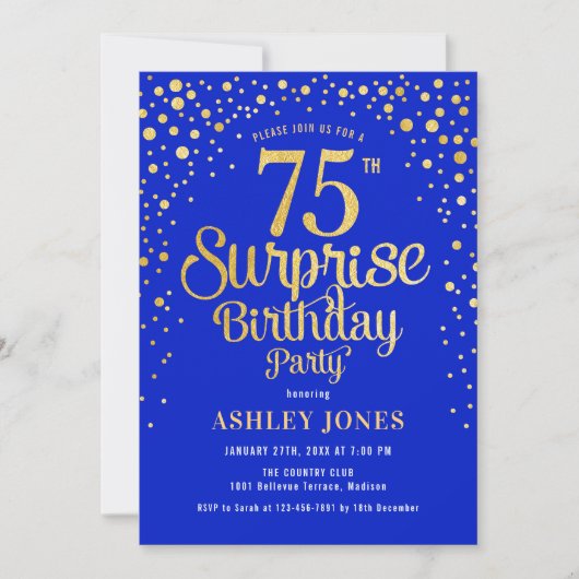 Surprise 75th Birthday Party - Royal Blue & Gold Kaart (Voorkant)