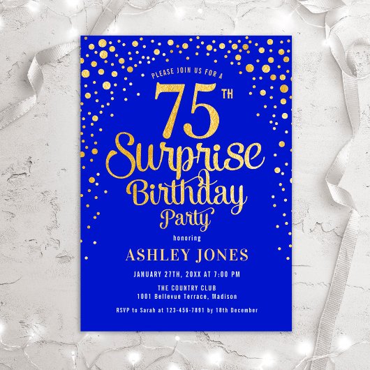 Surprise 75th Birthday Party - Royal Blue & Gold Kaart