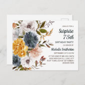 Surprise 75th Birthday Yellow Navy Blue Floral Briefkaart (Voorkant / Achterkant)