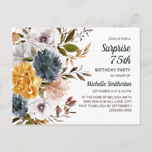 Surprise 75th Birthday Yellow Navy Blue Floral Briefkaart (Voorkant)