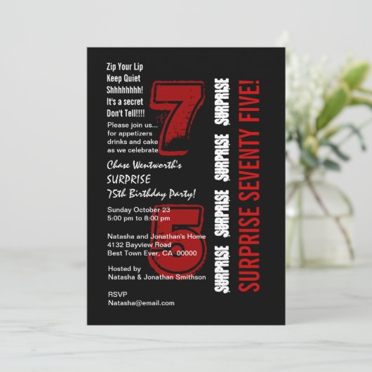 SURPRISE 75th Modern Birthday Red Black White W200 Kaart (Staand voorkant)