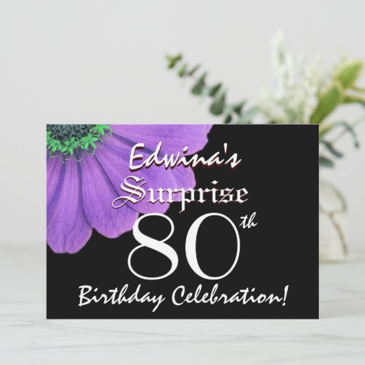 SURPRISE 80th Birthday Black en Paarse Petals 05 Kaart (Staand voorkant)