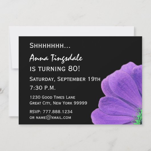 SURPRISE 80th Birthday Black en Paarse Petals 05 Kaart (Achterkant)