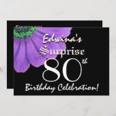 SURPRISE 80th Birthday Black en Paarse Petals 05 Kaart (Voorkant / Achterkant)