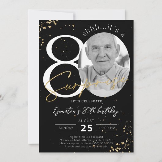 Surprise 80th Birthday Black Gold Photo Kaart (Voorkant)