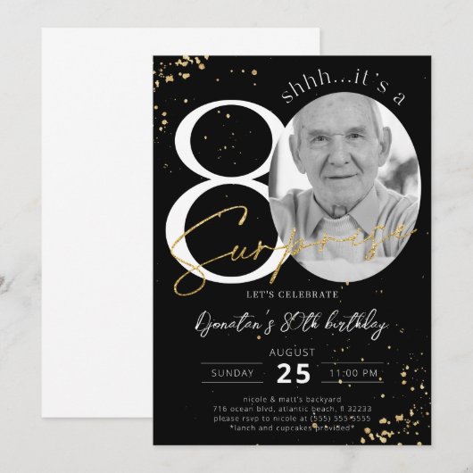 Surprise 80th Birthday Black Gold Photo Kaart (Voorkant / Achterkant)