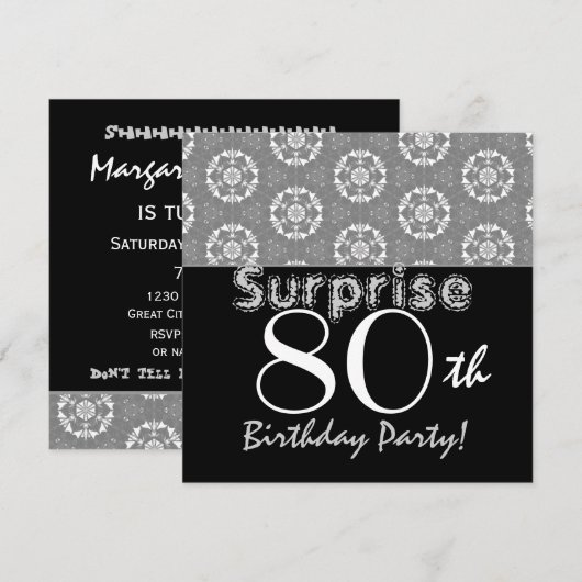 SURPRISE 80th Birthday Black Silver Flower Stars Kaart (Voorkant / Achterkant)