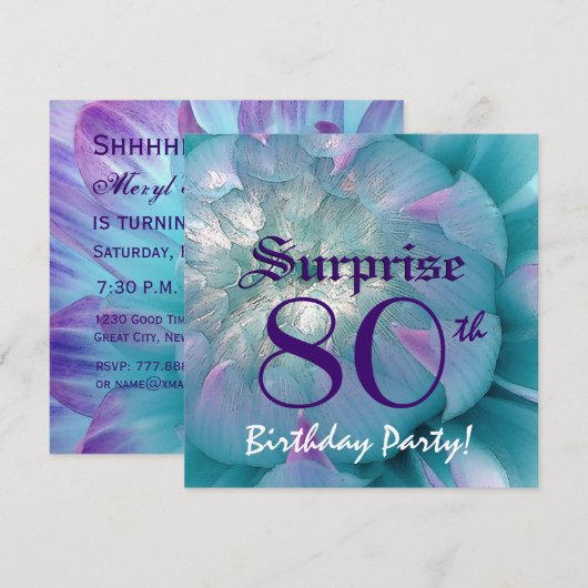 SURPRISE 80th Birthday Blue en Paarse Dahlia W078 Kaart (Voorkant / Achterkant)