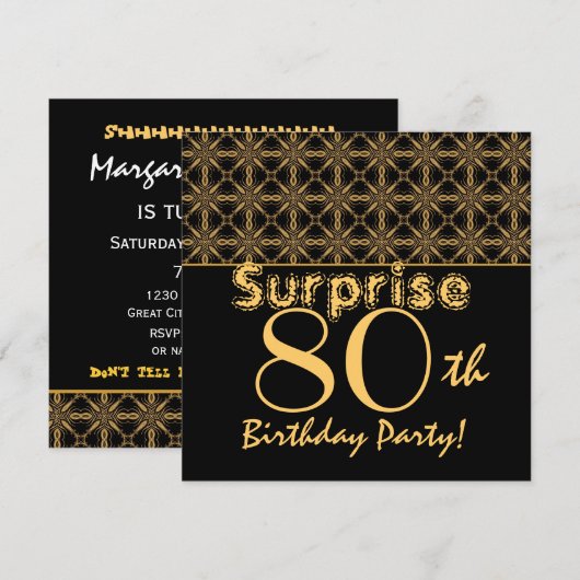SURPRISE 80th Birthday Gold and Black Kaart (Voorkant / Achterkant)