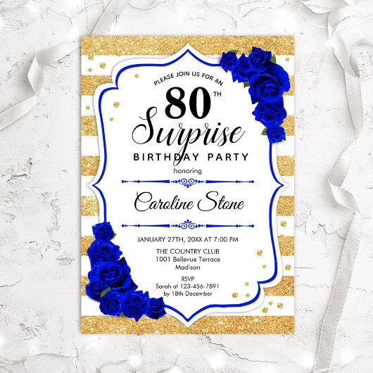 Surprise 80th Birthday - Gold White Royal Blue Kaart