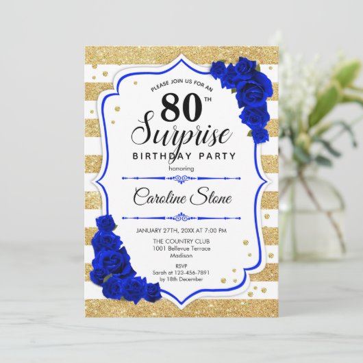 Surprise 80th Birthday - Gold White Royal Blue Kaart (Staand voorkant)