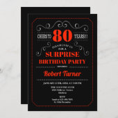Surprise 80th Birthday Invitation - Black Red Kaart (Voorkant / Achterkant)
