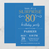 Surprise 80th Birthday Invitation Blue en Gold Kaart (Voorkant / Achterkant)