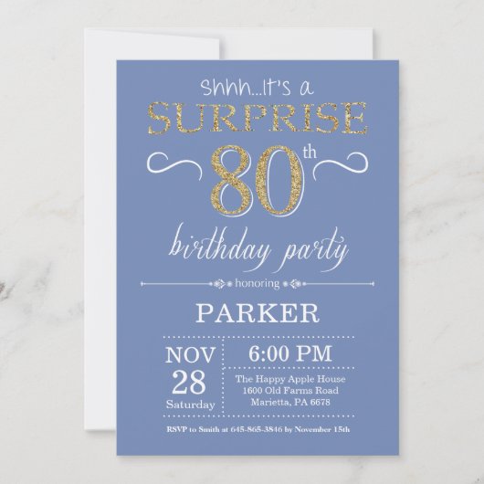 Surprise 80th Birthday Invitation Blue en Gold Kaart (Voorkant)
