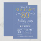 Surprise 80th Birthday Invitation Blue en Gold Kaart (Voorkant / Achterkant)
